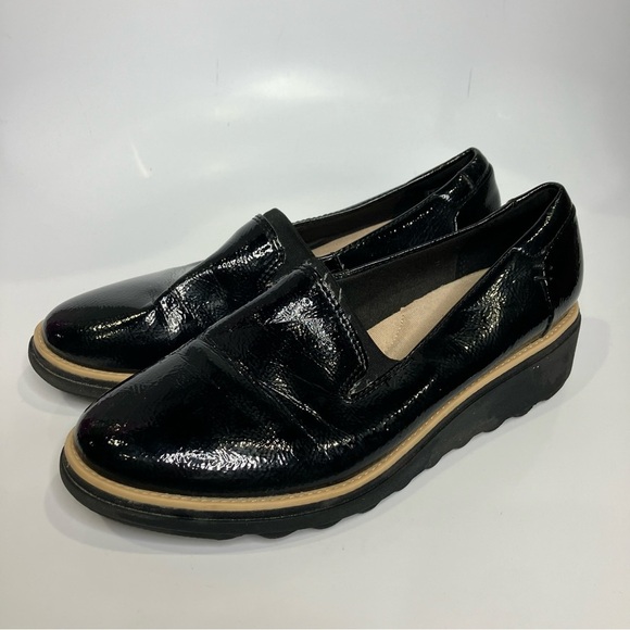 Clarks Sharon Dolly wedge Loafers black womens size 7.5 business casual - Picture 1 of 8